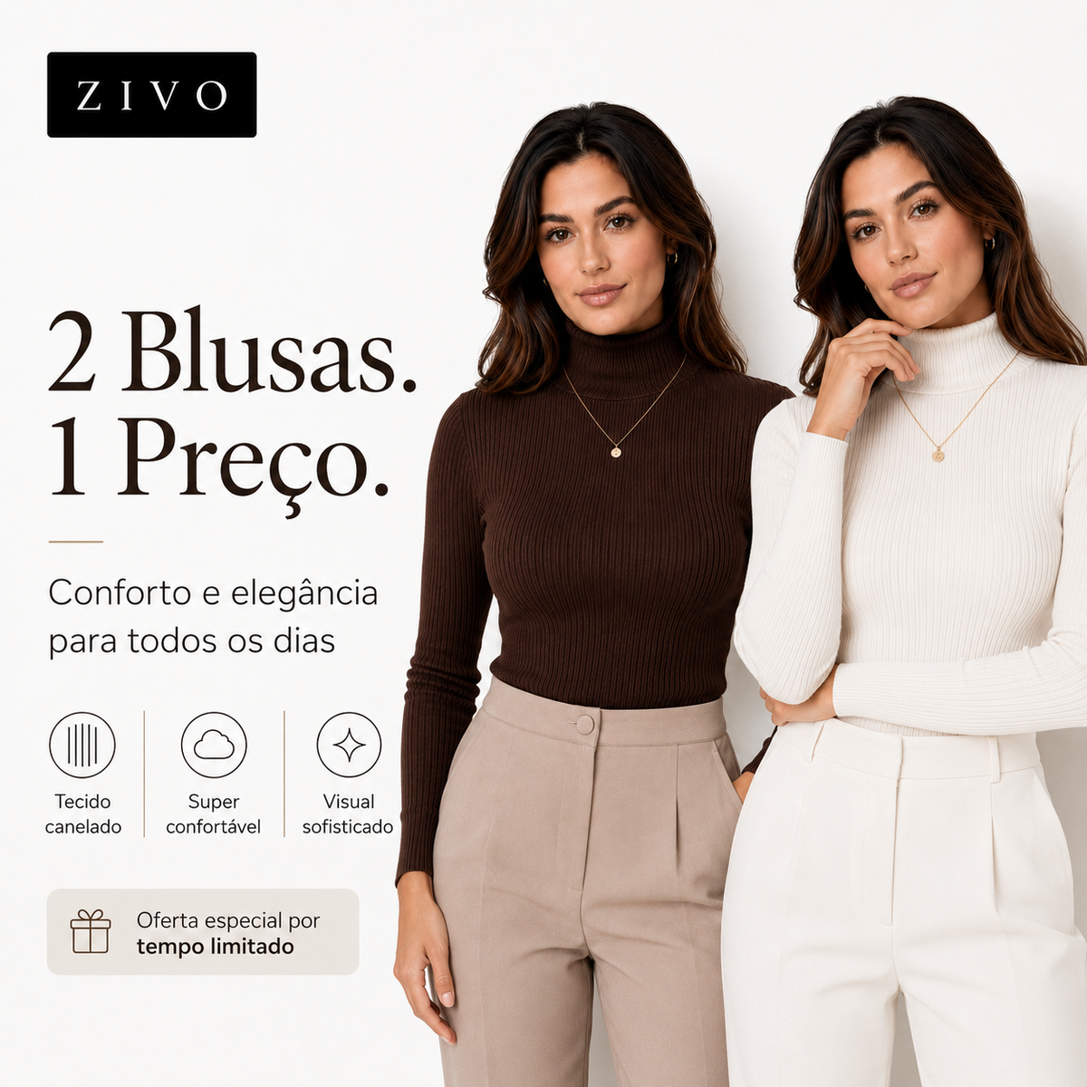 Kit 2 Blusas Gola Alta Manga longa Canelada Zivo Premium