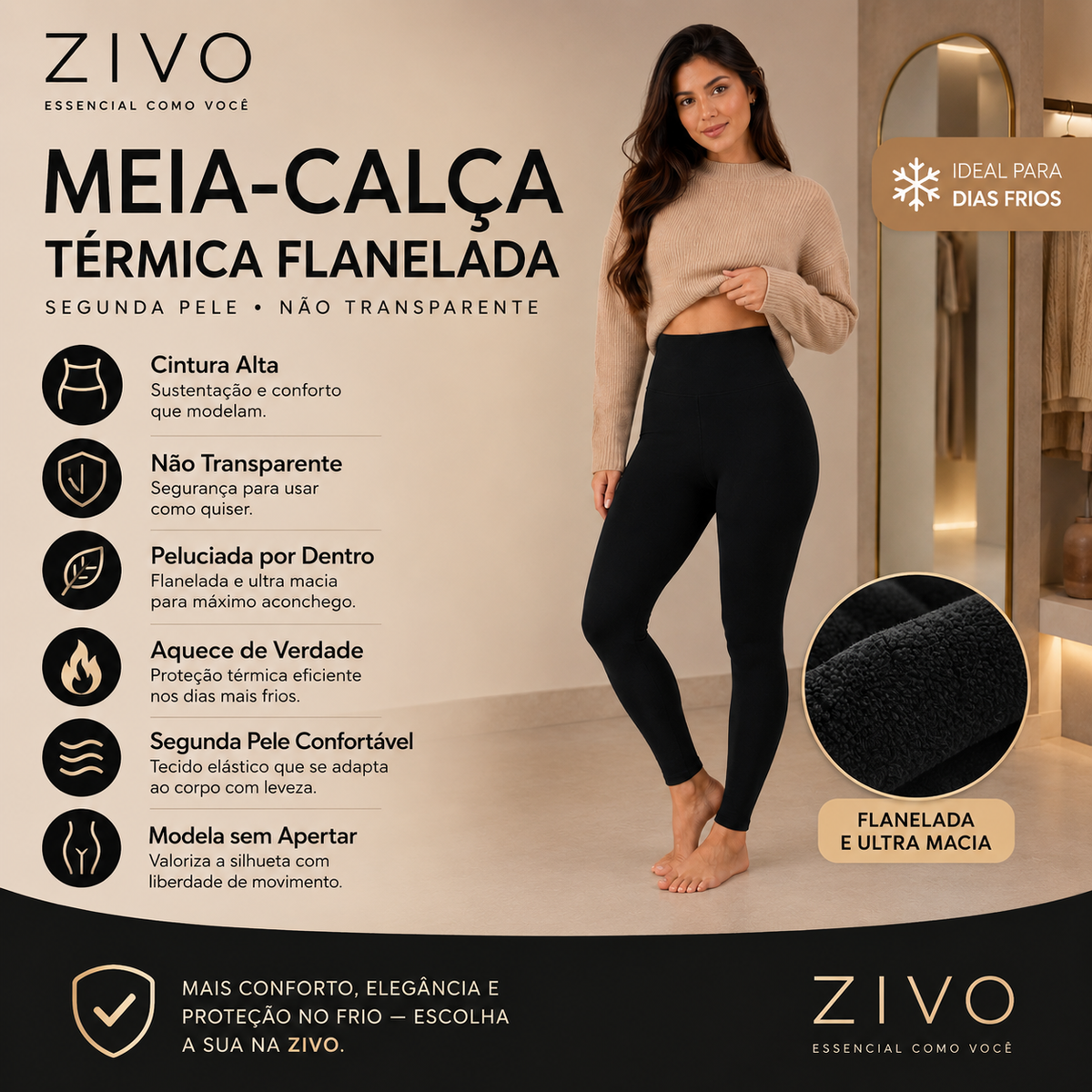 Meia Calça Térmica Flanelada Preta Legging