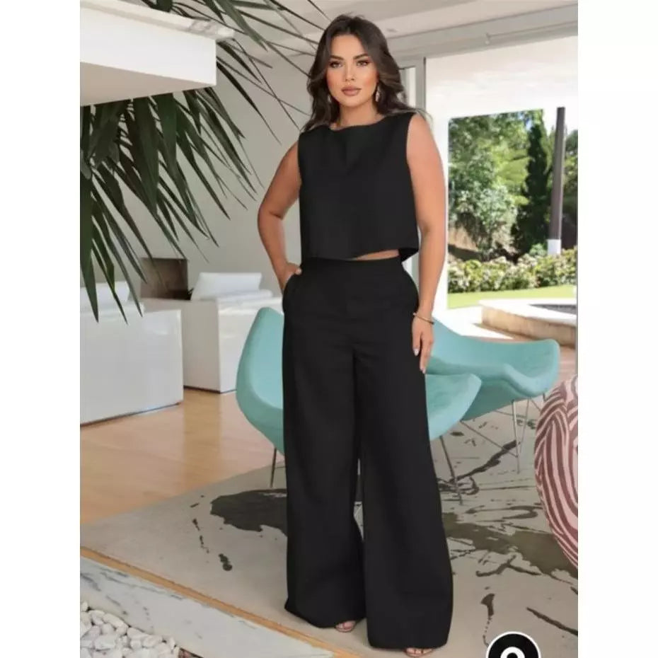 Conjunto Feminino Linho Calça Pantalona + Blusa regata de linho Elegante Chique