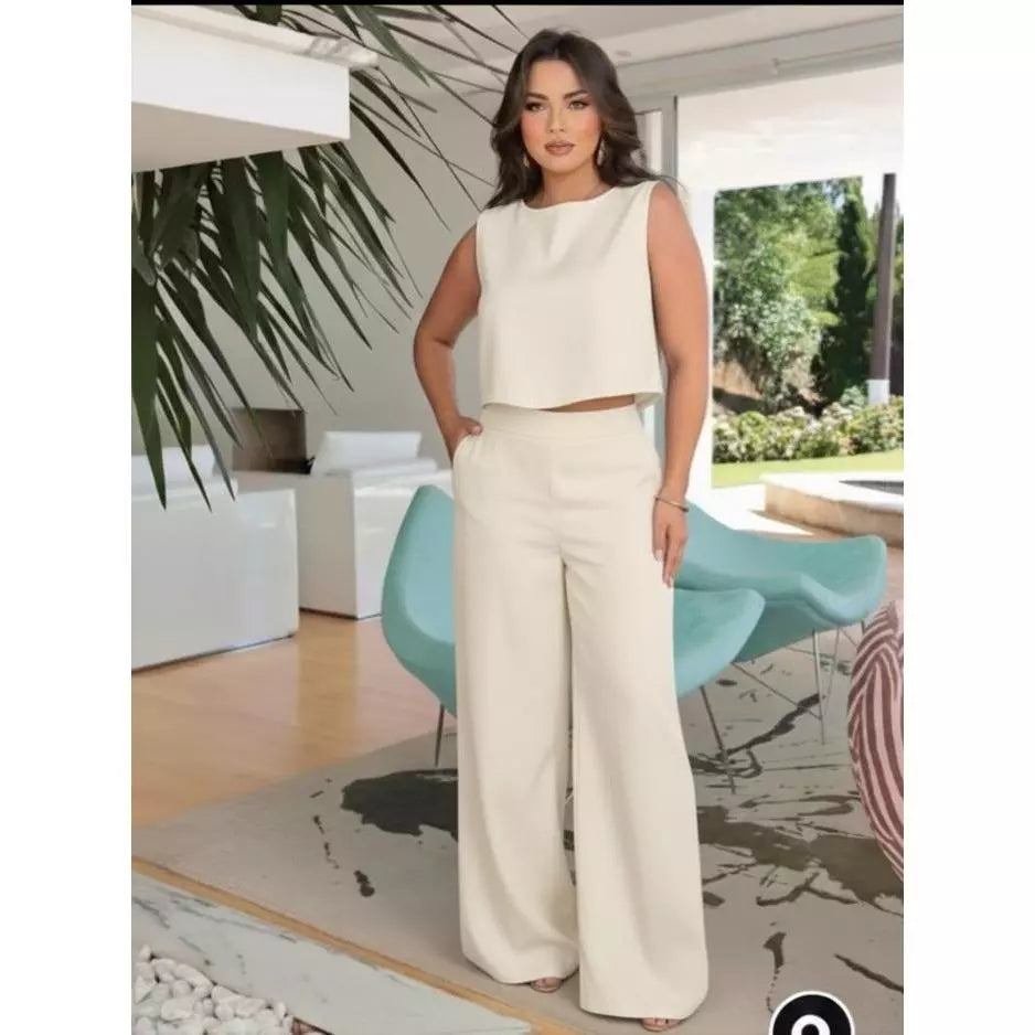Conjunto Feminino Linho Calça Pantalona + Blusa regata de linho Elegante Chique