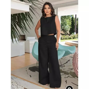Conjunto Feminino Linho Calça Pantalona + Blusa regata de linho Elegante Chique