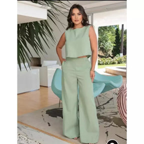 Conjunto Feminino Linho Calça Pantalona + Blusa regata de linho Elegante Chique