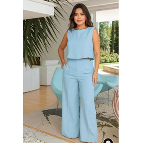 Conjunto Feminino Linho Calça Pantalona + Blusa regata de linho Elegante Chique