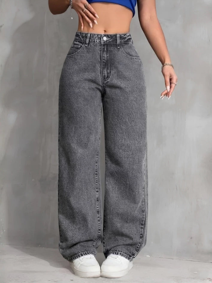 Calça Wide Leg Jeans Feminina Cintura Alta Pantalona