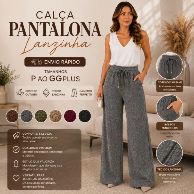 Calça Pantalona Lanzinha Feminina com bolso e cintura de elastico Confortável Soltinha