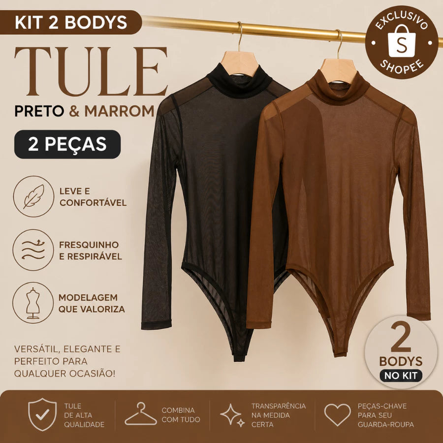 Conjunto Kit 2 Body Tule Feminino Manga Longa Transparente