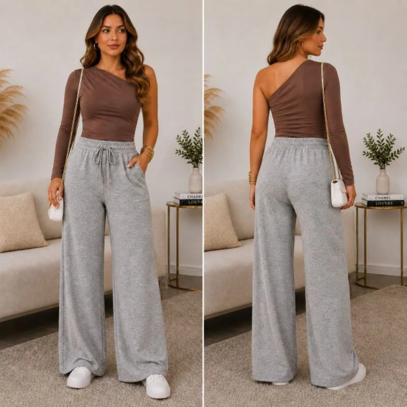 Calça Pantalona Lanzinha Feminina com bolso e cintura de elastico Confortável Soltinha