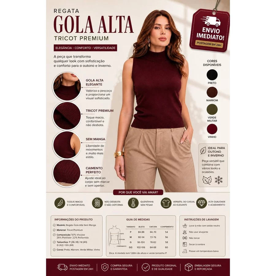 KIT 2 Colete Blusa Feminina Tricot Gola Alta Sem Manga